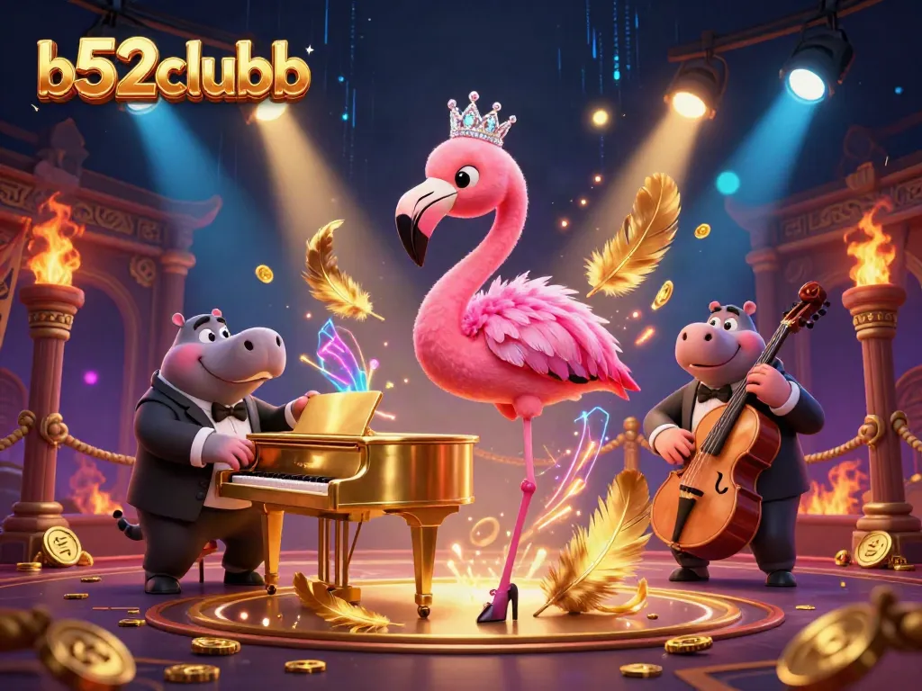 Engage with b52clubb's thrilling casino scene featuring a vibrant flamingo singer and jazz hippo bassist.
