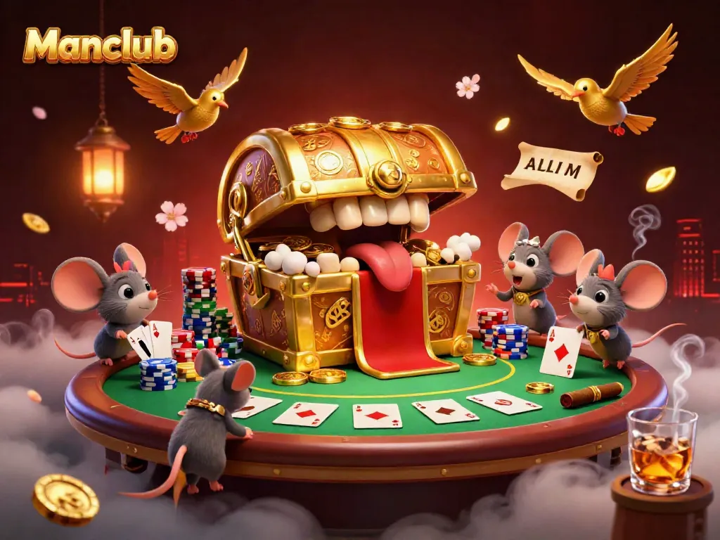 Experience the excitement at Manclub with a vibrant 3D treasure chest and casino elements.