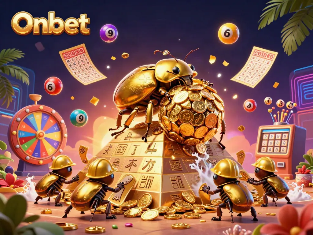 Engage with Onbet's exciting casino experience featuring lively golden beetles and colorful lottery elements.