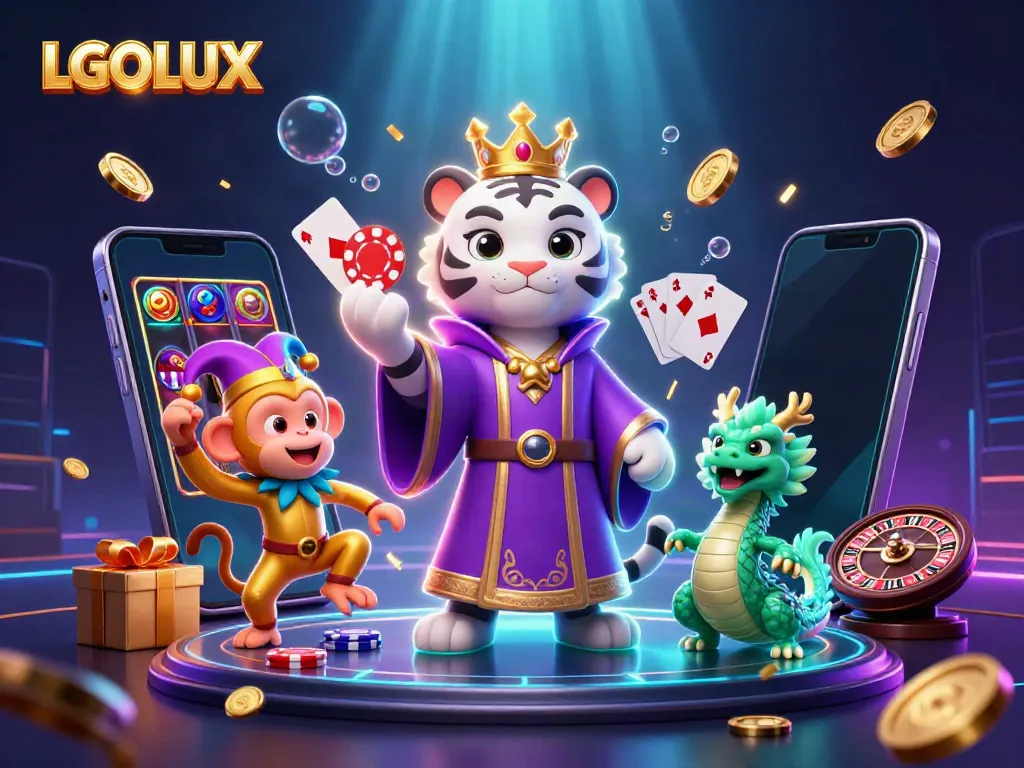Experience thrilling gameplay with LGOLUX featuring a majestic tiger and vibrant game elements in a dazzling 3D scene.