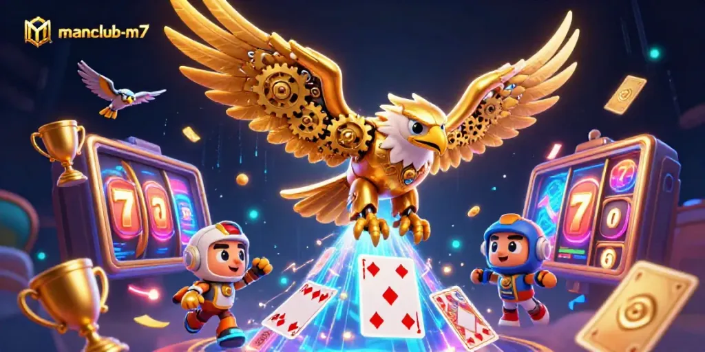 Win big with manclub-m7 by spinning vibrant slot reels and chasing jackpots in an electrifying scene.