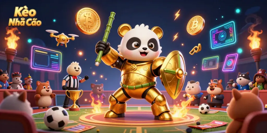 Kèo Nhà Cái sports betting scene with a dynamic panda robot engaging in thrilling matches