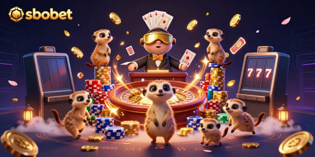 Bets on sbobet games with meerkats running a vibrant casino, showcasing excitement and fun.