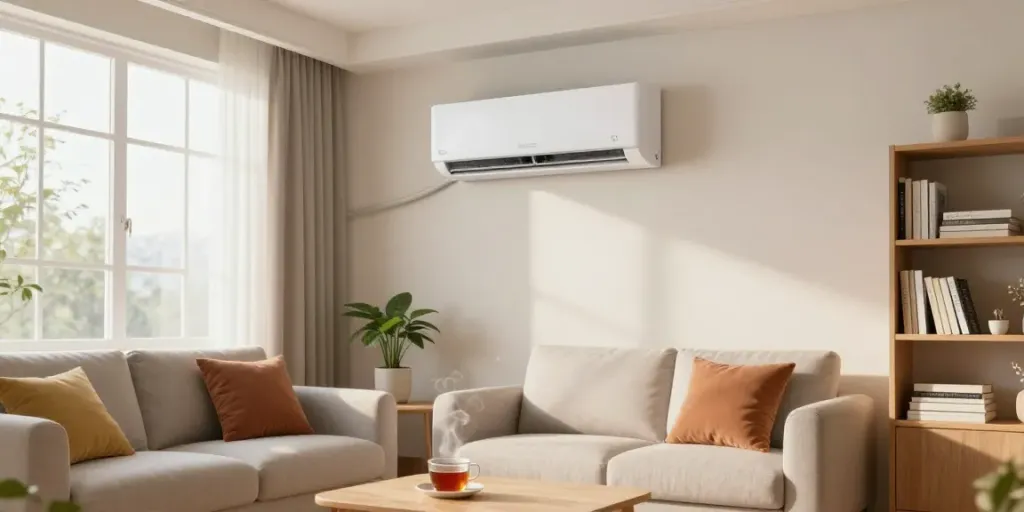Stylish living room featuring a sleek mini split air conditioner, combining comfort and modern design.