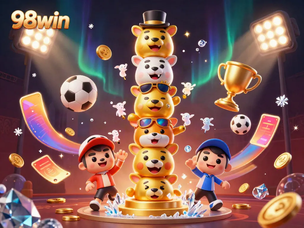 Win big at 98win with dynamic casino games featuring lively illustrations of a golden totem and sports elements.