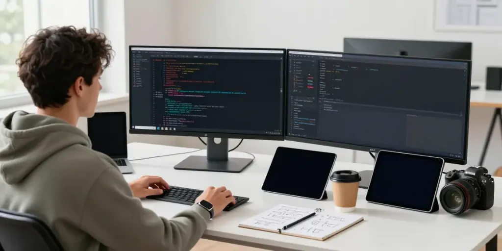 Developer working with apk files in a modern tech workspace.