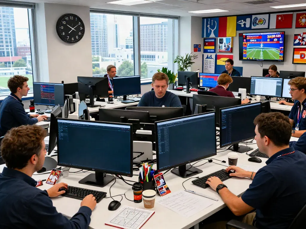 ข่าวซื้อขายนักเตะ in a vibrant sports newsroom filled with journalists analyzing football transfers.
