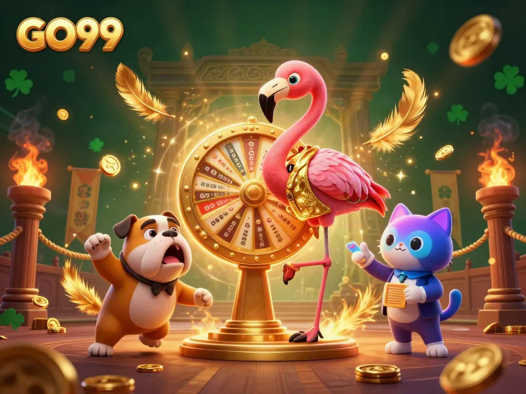 Experience the excitement of GO99 with a vibrant 3D casino scene of colorful characters and dynamic visuals.
