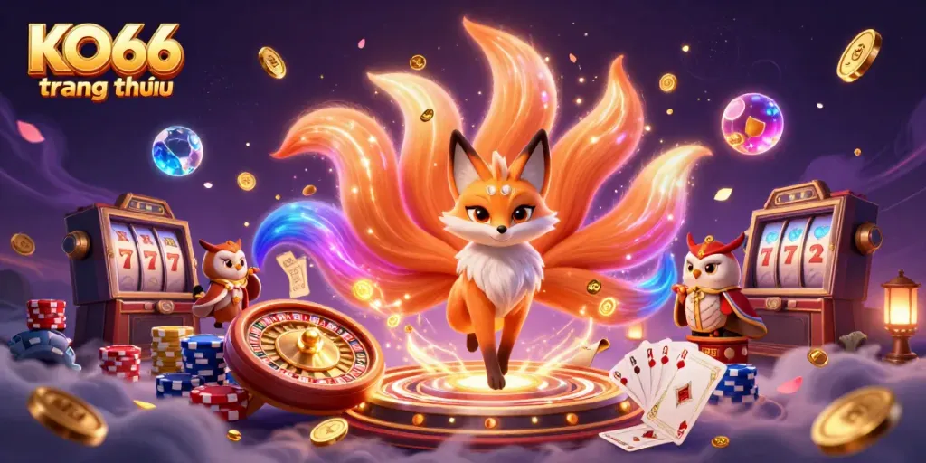Experience the excitement of gaming with KO66 trang chủ featuring a mystical fox spirit and owl in a vibrant casino scene.