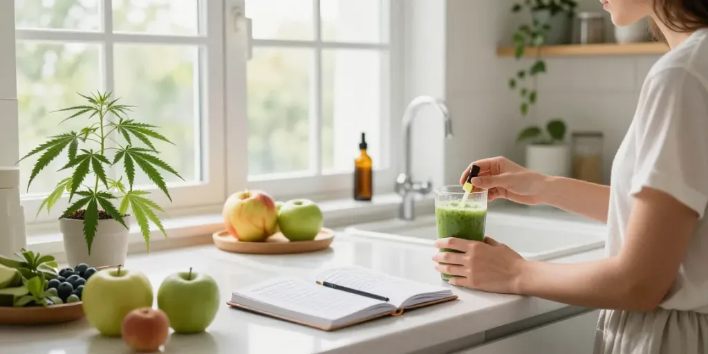 sg lana vape wellness moment with CBD oil preparation in a bright kitchen, promoting natural health.