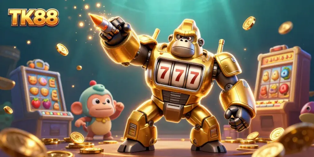 Experience exhilarating action with TK88's golden gorilla mech and dynamic slot machine elements in a 3D casino world.