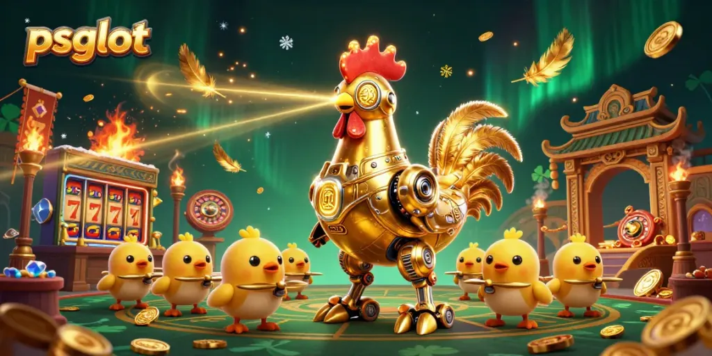Experience thrilling gameplay at psgslot with vibrant 3D casino elements including golden rooster robot and slot reels.