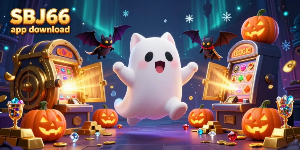Experience gaming thrill with SBJ66 app download in this animated casino scene featuring a ghost cat.