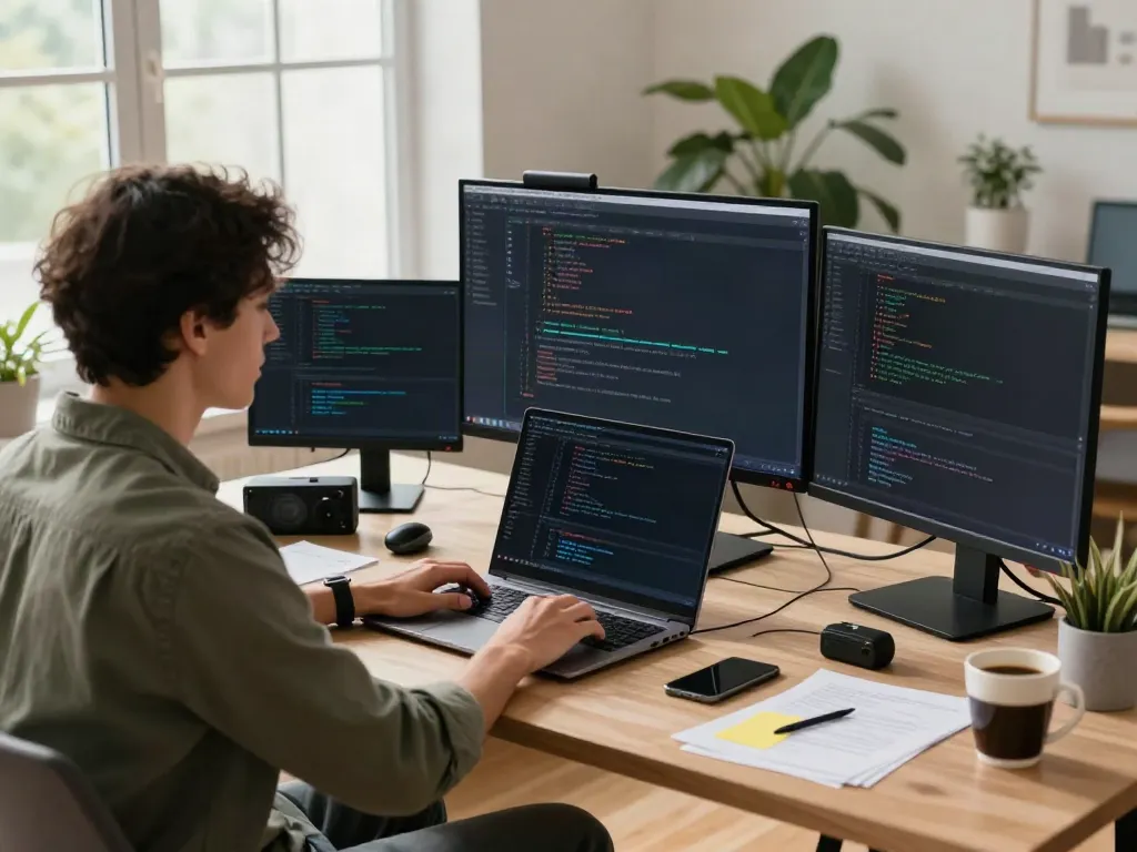 A developer working on v2rayN project in a modern tech workspace