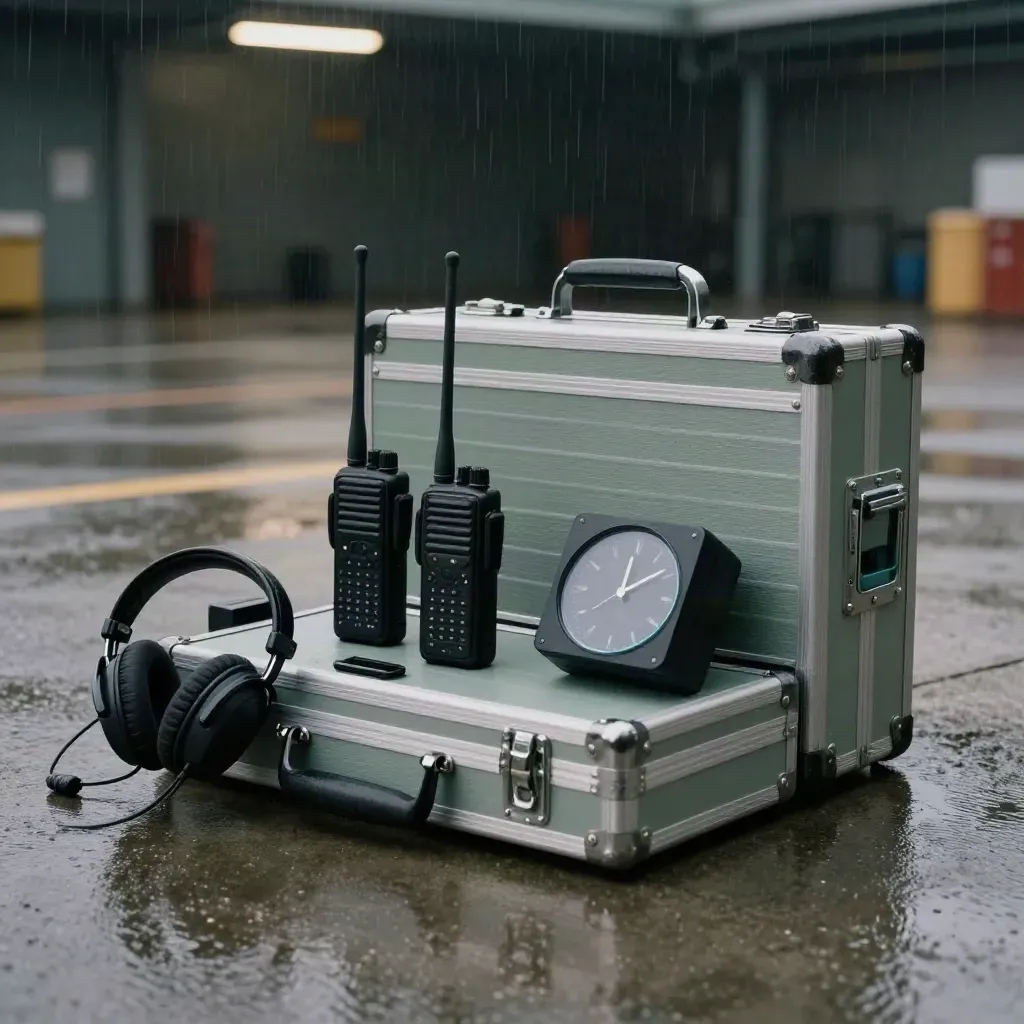 Wet stage radios, headset, battery pack, and cue clock on a loading dock