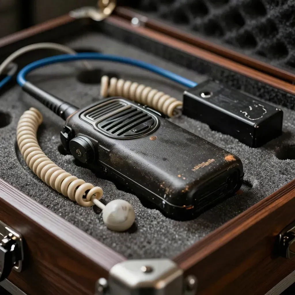 Scuffed event radio gear with coiled earpiece and battery brick on a dark case, lit in warm macro detail.