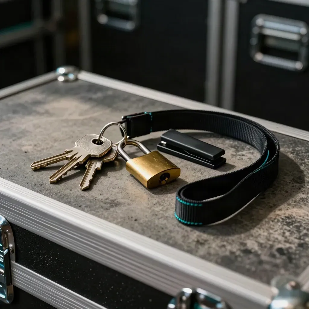 Venue ops key ring, brass lock core, radio clip and lanyard on a moody backstage shelf