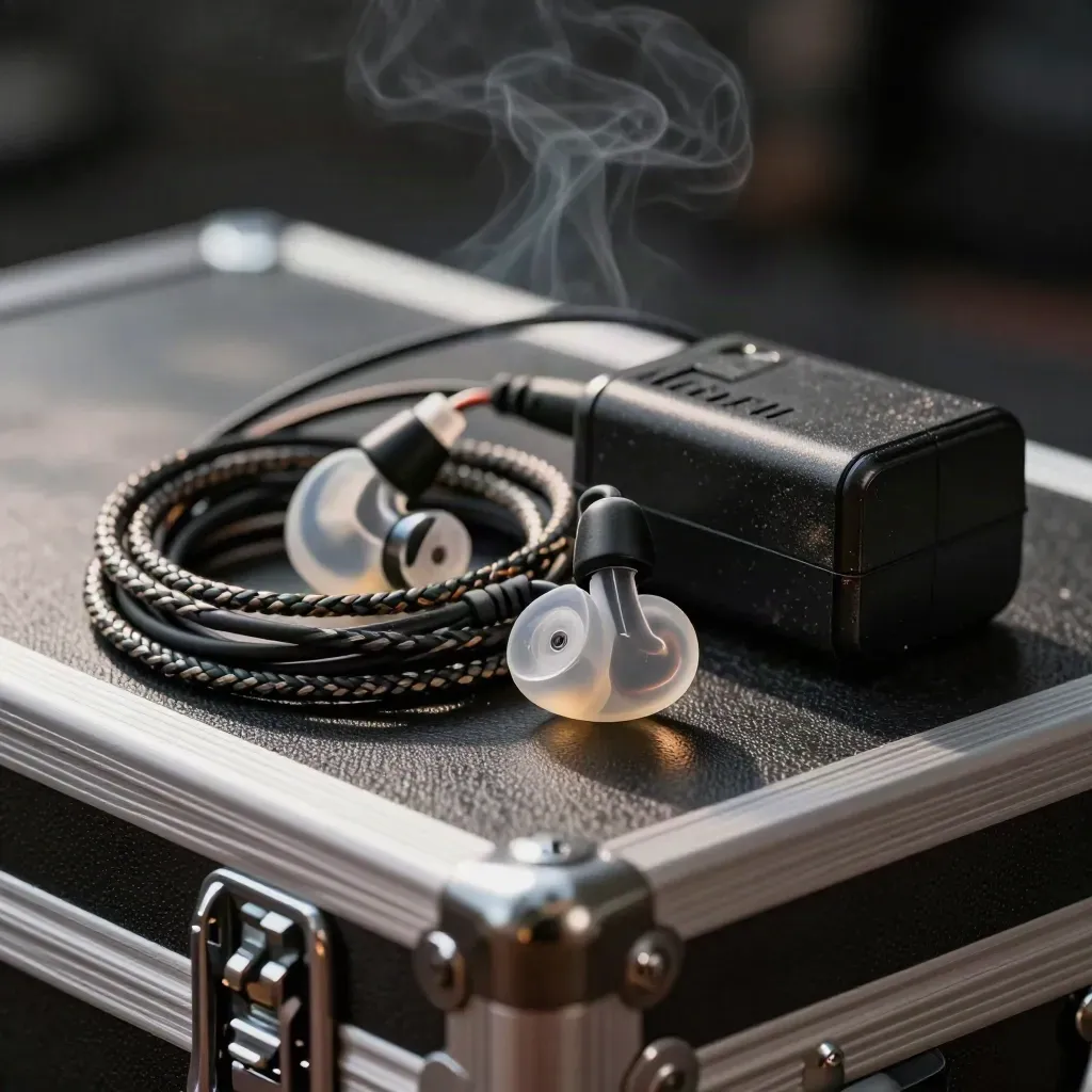 In-ear monitors, cable loops, clamp and charger on a dark road case in hazy stage light