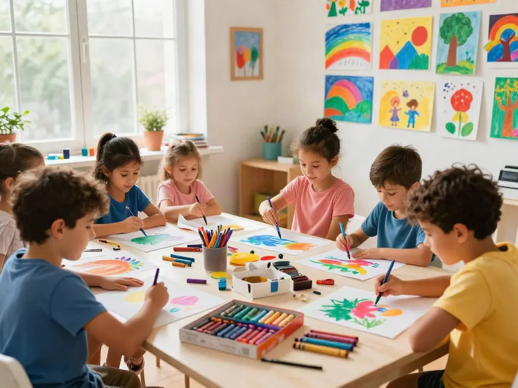 Children creating colorful artworks using various crayon types from crayon manufacturers in a bright studio.