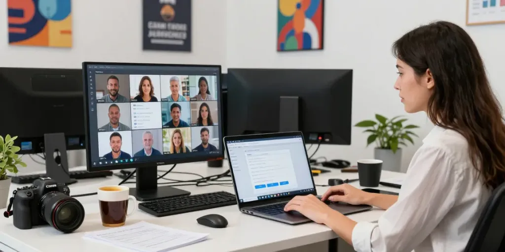 Professional workspace using the WordPress live chat plugin for effective client engagement.