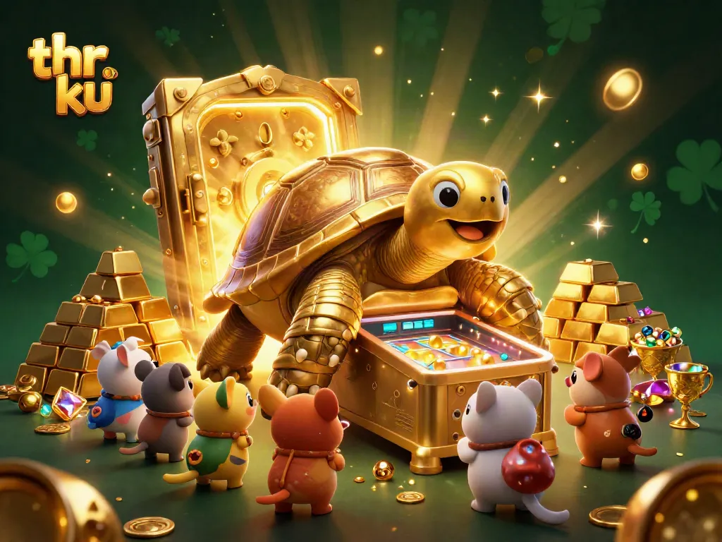 Experience thrilling gameplay at thr ku, featuring a colossal golden tortoise pinball machine and extravagant treasures.
