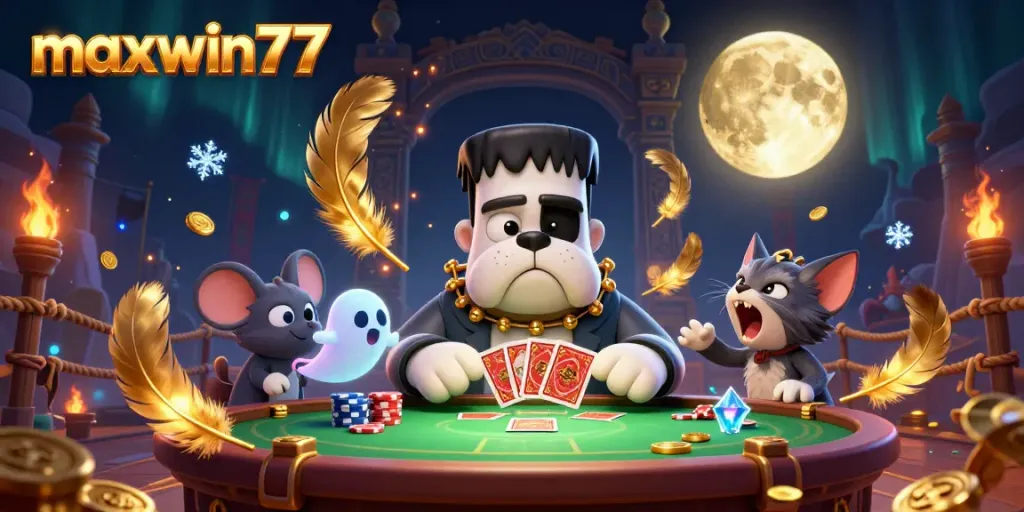 Experience the excitement of maxwin77 with a vibrant casino scene featuring fun characters and rich gaming elements.