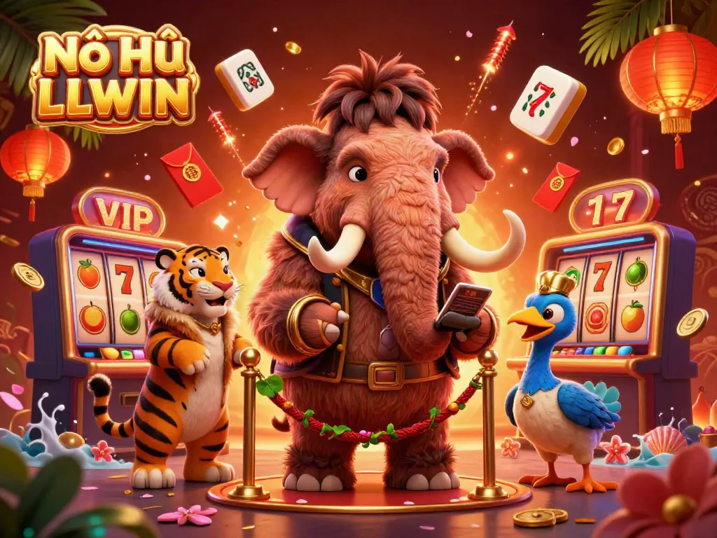 Nổ Hũ LLWIN: A vibrant 3D cartoon casino scene with a woolly mammoth bouncer, saber-tooth tiger VIP, and dodo doorman surrounded by dynamic slot-related symbols.