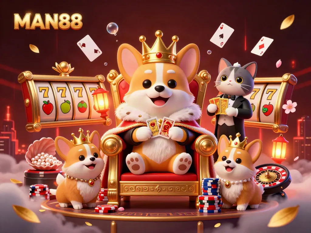 Experience thrilling gameplay at MAN88 in this vibrant 3D casino scene featuring a royal corgi and dynamic slot elements.