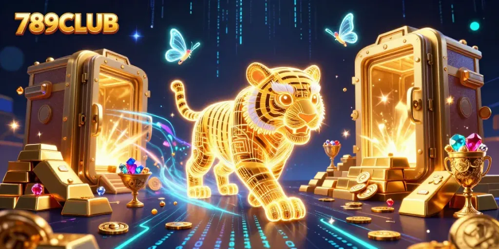 Experience 789CLUB's thrilling gaming atmosphere with a golden tiger prowling through a vibrant casino scene.