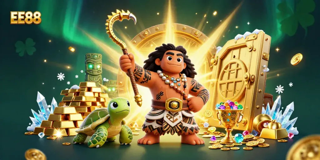 Experience exciting wins at EE88 with vibrant 3D casino art featuring rich treasures and colorful characters.