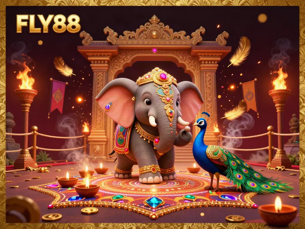 Experience FLY88's vibrant gaming world featuring intricate festive elements and rich casino symbols.