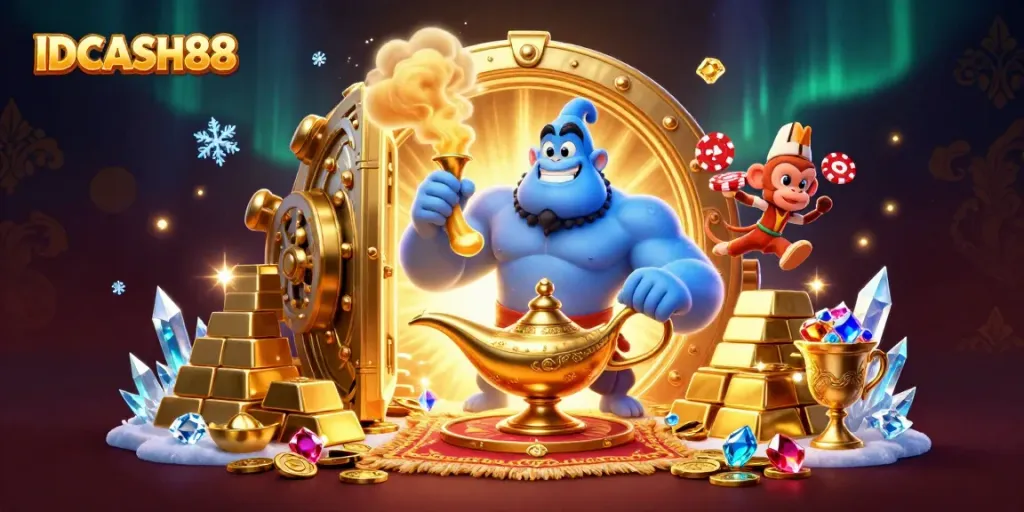 Engage at IDCASH88 with an enchanting scene featuring a blue genie, an Aladdin-style monkey, and poker chips.