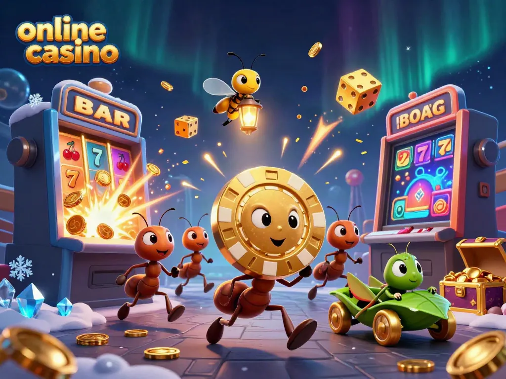 Experience excitement at an online casino with a heist of giant golden chips and a dynamic gaming scene.