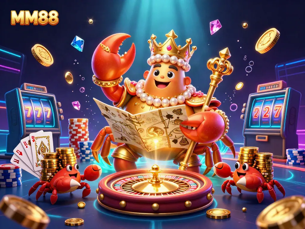 Experience the vibrant thrill of MM88 casino with a golden crab emperor and treasures flying around.