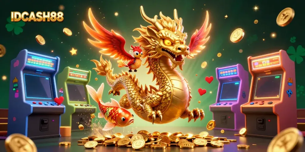 Experience the vibrant world of IDCASH88 with a golden dragon, phoenix, and koi amidst casino magic.