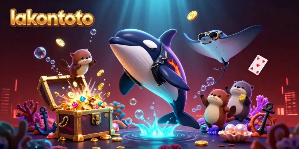 Daftar permainan menarik di lakontoto dengan animasi ikan orca dan koin emas.