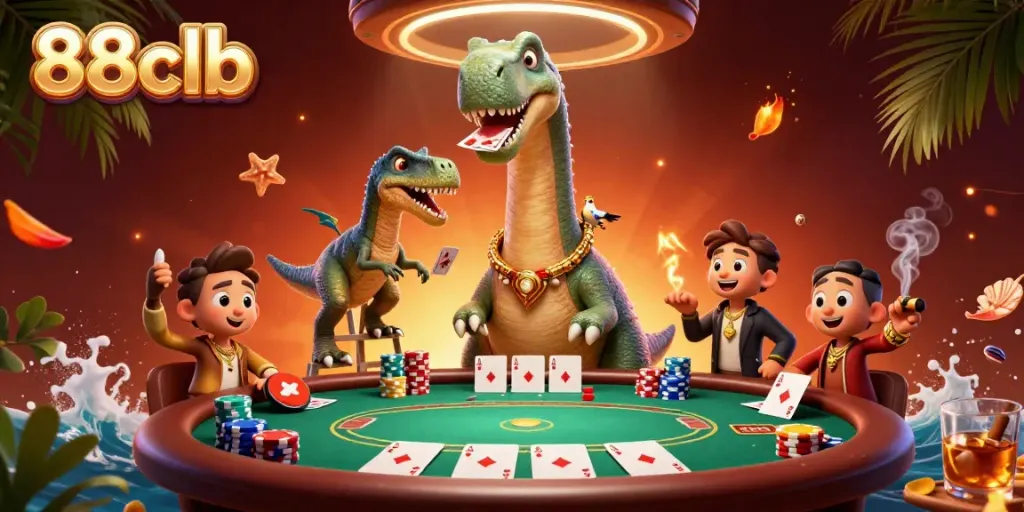 Experience the thrill of 88clb with a playful dinosaur and raptor dealing cards in a lively casino scene.