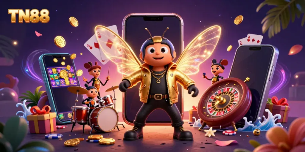 Engage with TN88 as the cicada rock star and friends celebrate gaming with colorful slots, cards, and coins.