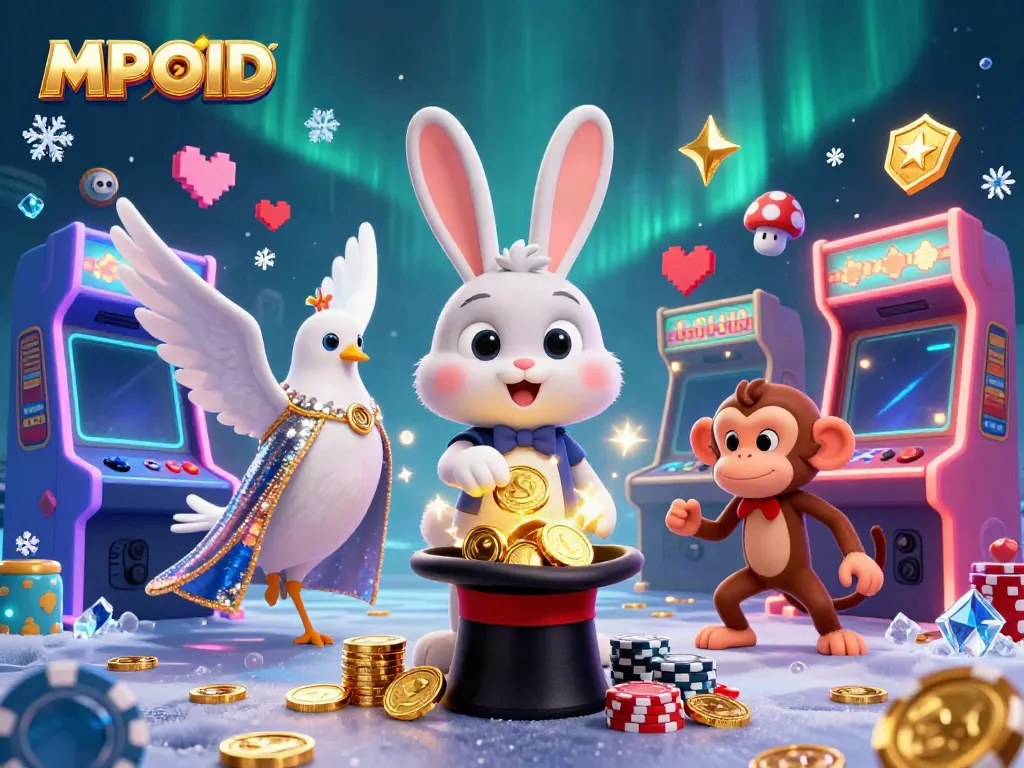 MPOID showcases a fun 3D casino scene with characters pulling coins and playful elements.