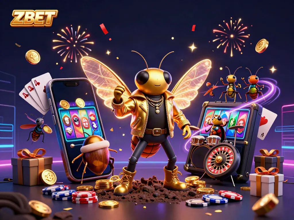 Experience the thrill of ZBET with a lively casino scene featuring a rock star cicada and exciting gaming elements.