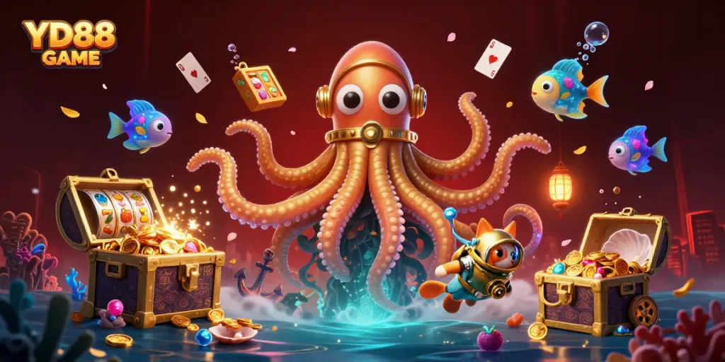 Engage in the vibrant world of YD88 GAME showcasing a colossal kraken, diving cat, and dazzling slots in underwater treasure.