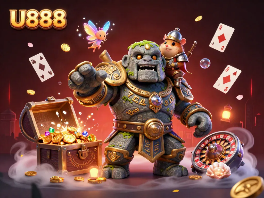 Experience U888's exciting gaming world with an enchanting scene of a golem and fairy amidst casino treasures.