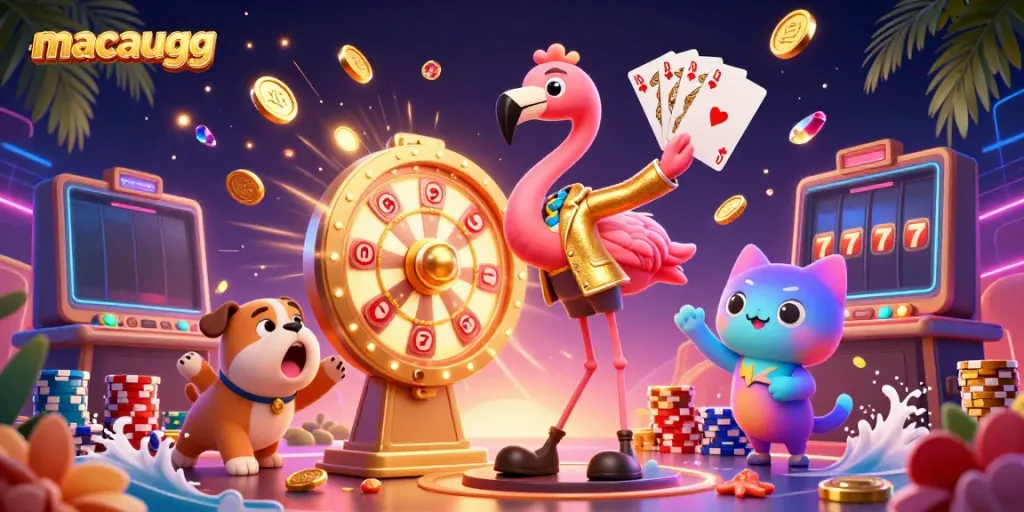Engage with macaugg's thrilling prize wheel with wins, vibrant colors, and dynamic casino elements.