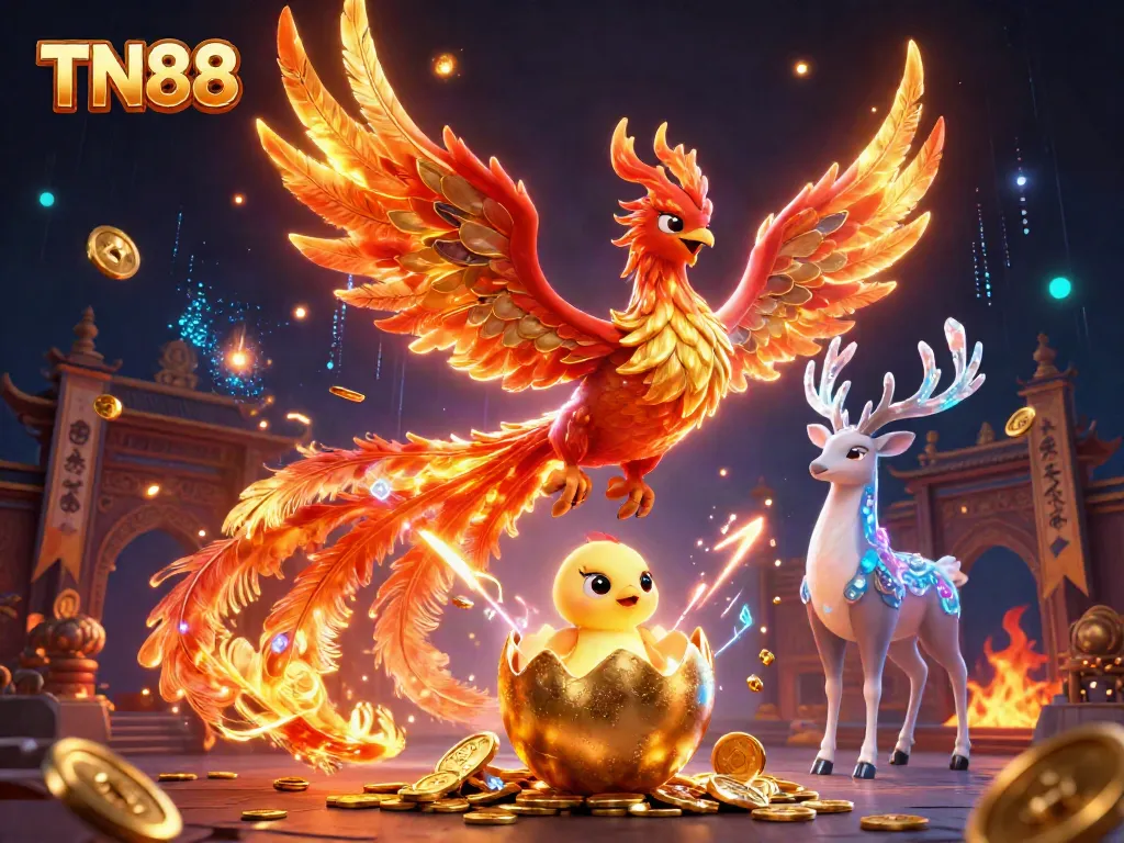 Experience the excitement of TN88 with a vibrant illustration showcasing a majestic phoenix and a mystical stag, surrounded by swirling gold coins and ambient casino elements.