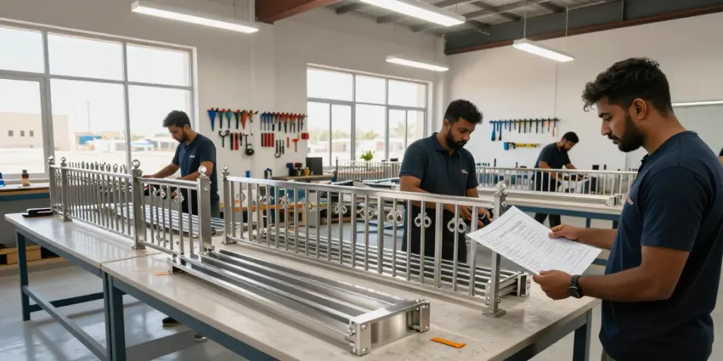 Artisans at Altaherdesign.ae workshop fabricating custom metal gates and railings in Fujairah.