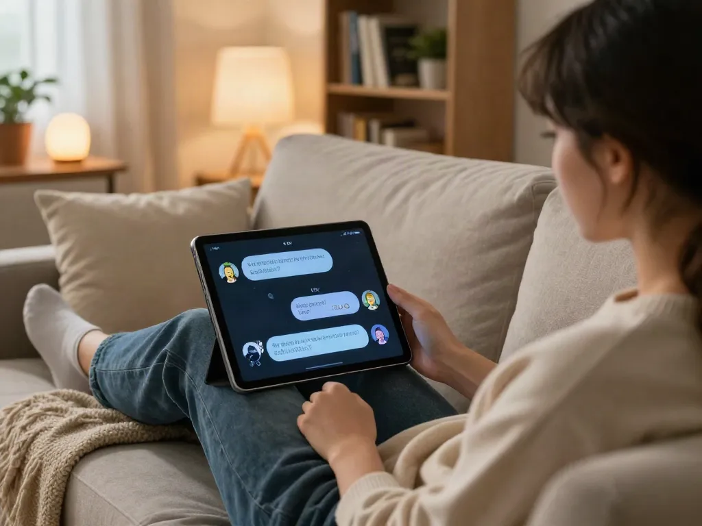 Intimate setting for free ai sex chat with user and playful chatbot on tablet in cozy living room.