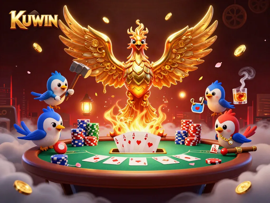 KUWIN showcases an exhilarating casino scene with a molten golden phoenix and poker elements