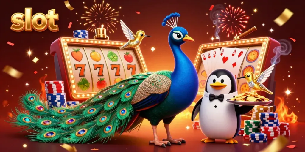 Experience thrilling slot gameplay with a vibrant casino scene featuring a peacock, penguin, and hummingbird.
