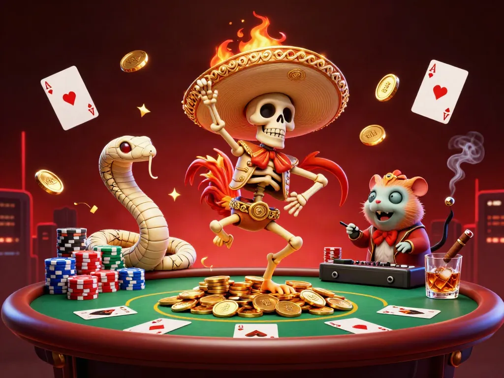 Suwin brings excitement with a skeleton mariachi, revealing winnings at a lively poker scene.