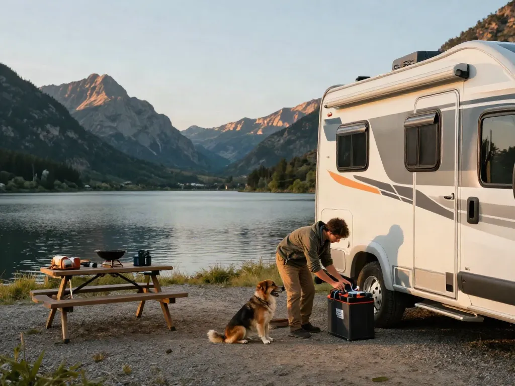 Setting up a lithium RV battery at a scenic campsite by a lake, showcasing outdoor adventure.